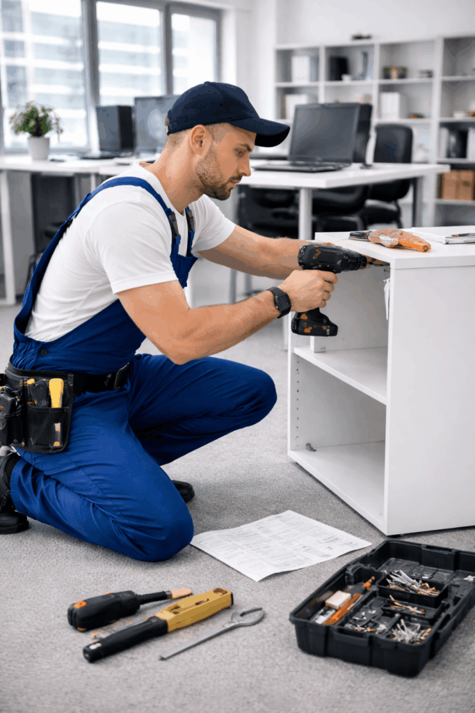 Handwerker montiert Büromöbel professionell in modernem Büro